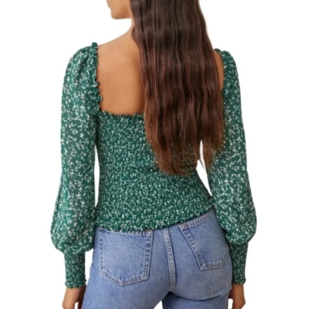 Reformation Pinto Smocked Top Green Parsley Women Size Medium Floral Long Sleeve